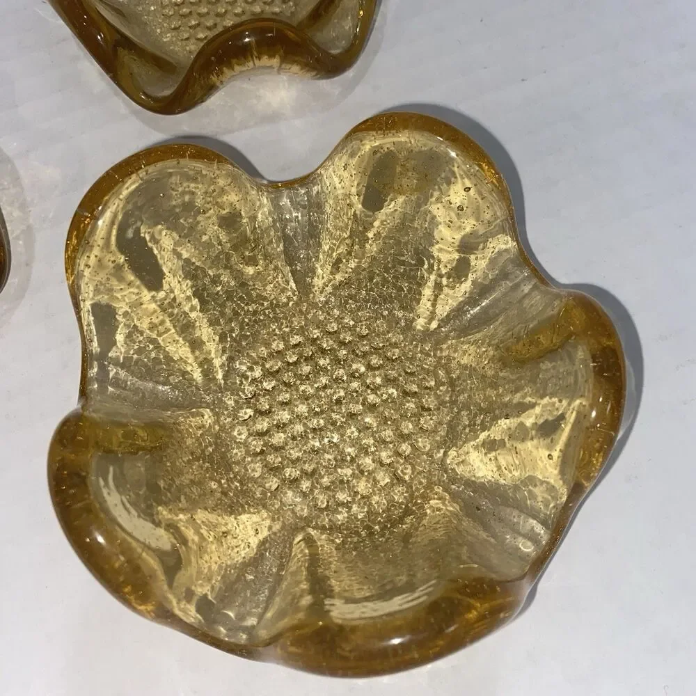 Set 3 Vtg Mid Century Golden Amber 5 Petal Lotus Bowls Nesting Textured MCM